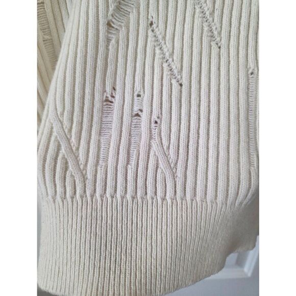 HELMUT LANG V-Neck Drop-Needle Wool Sweater Cream Distressed L - Picture 6 of 10